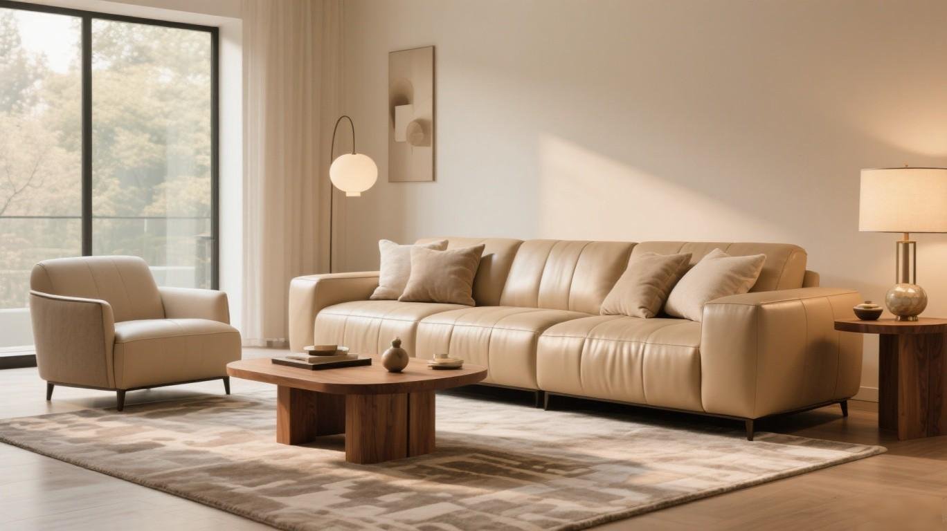 Modern living room sofa upholstered with premium faux leather material showing elegant design and durability